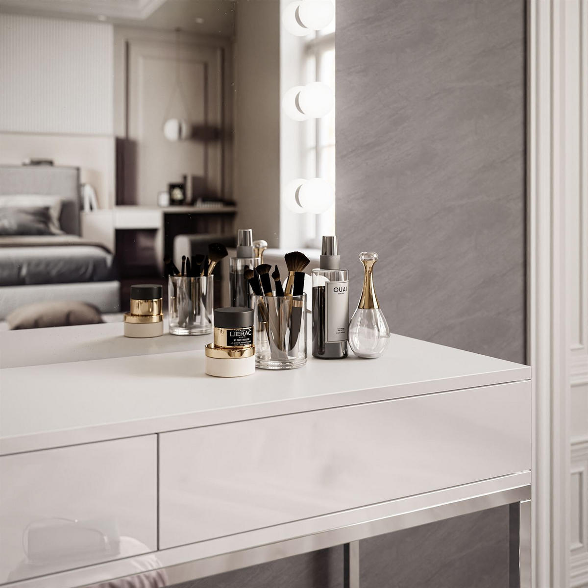 SCHMINKTISCH BLANCO GLAMOUR ELITE mit Spiegel und Beleuchtung Weiß Hochglanz PUSH OPEN - Weiß Hochglanz/Silberfarben, Holzwerkstoff (100/146/42cm) - Lookway