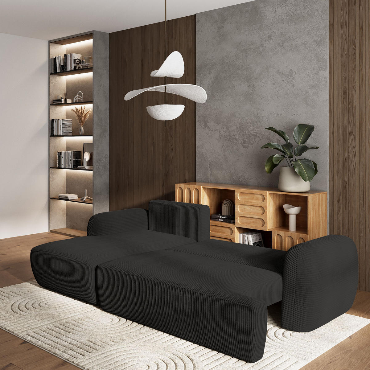 ECKSOFA MODENZA P L-S Schwarz Kordstoff mit Schlaffunktion - Schwarz, Holz (266/148cm) - MASSENO