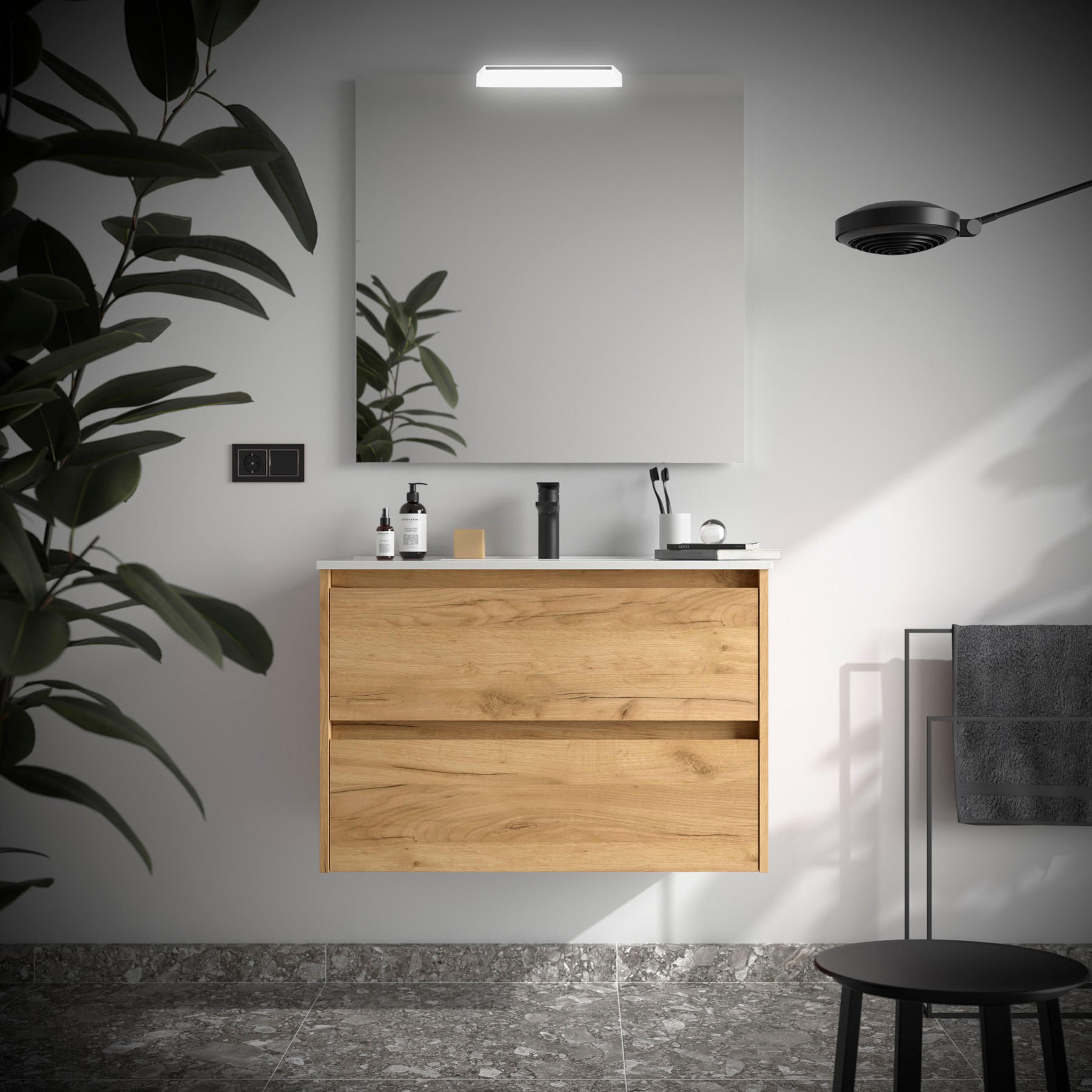 BADEZIMMERMÖBEL NOJA 800 2 Schubladen EICHE AFRIKA + Waschtisch + Spiegel - Schwarz, Metall (45/54/80cm) - Salgar