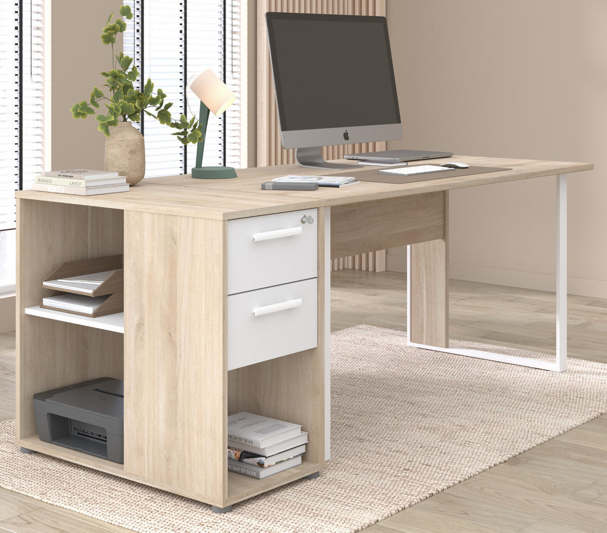 SCHREIBTISCH-SET Eiche, weiß, Büromöbel mit Schreibtisch und Container - Eichefarben/Weiß, Holzwerkstoff/Kunststoff (80/189/73cm) - Parisot Meuble