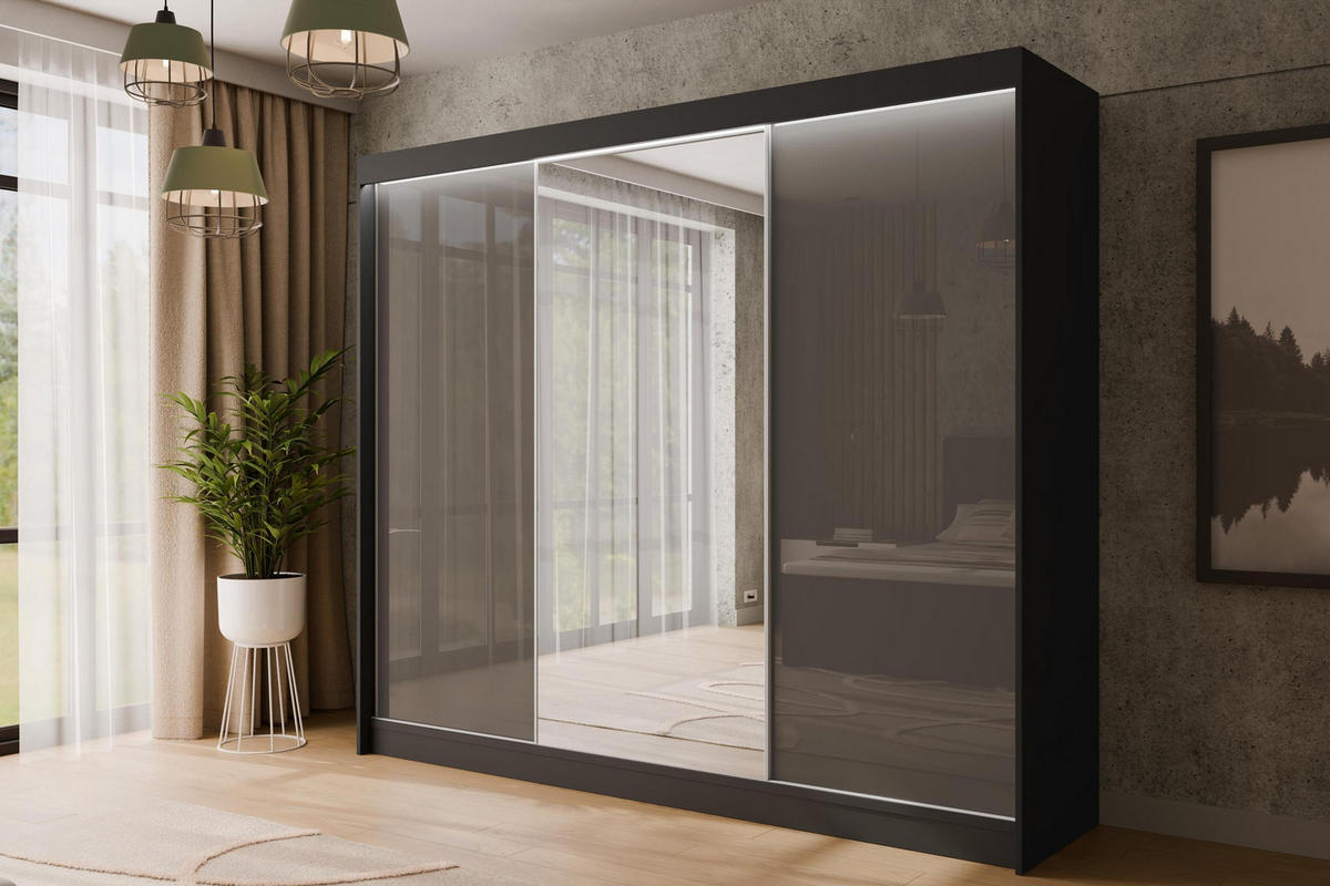 KLEIDERSCHRANK VESLI mit LED - 250 cm - Schwarz|Grau - Schwarz/Grau, Holzwerkstoff (250/215/61cm) - ALTDECOR