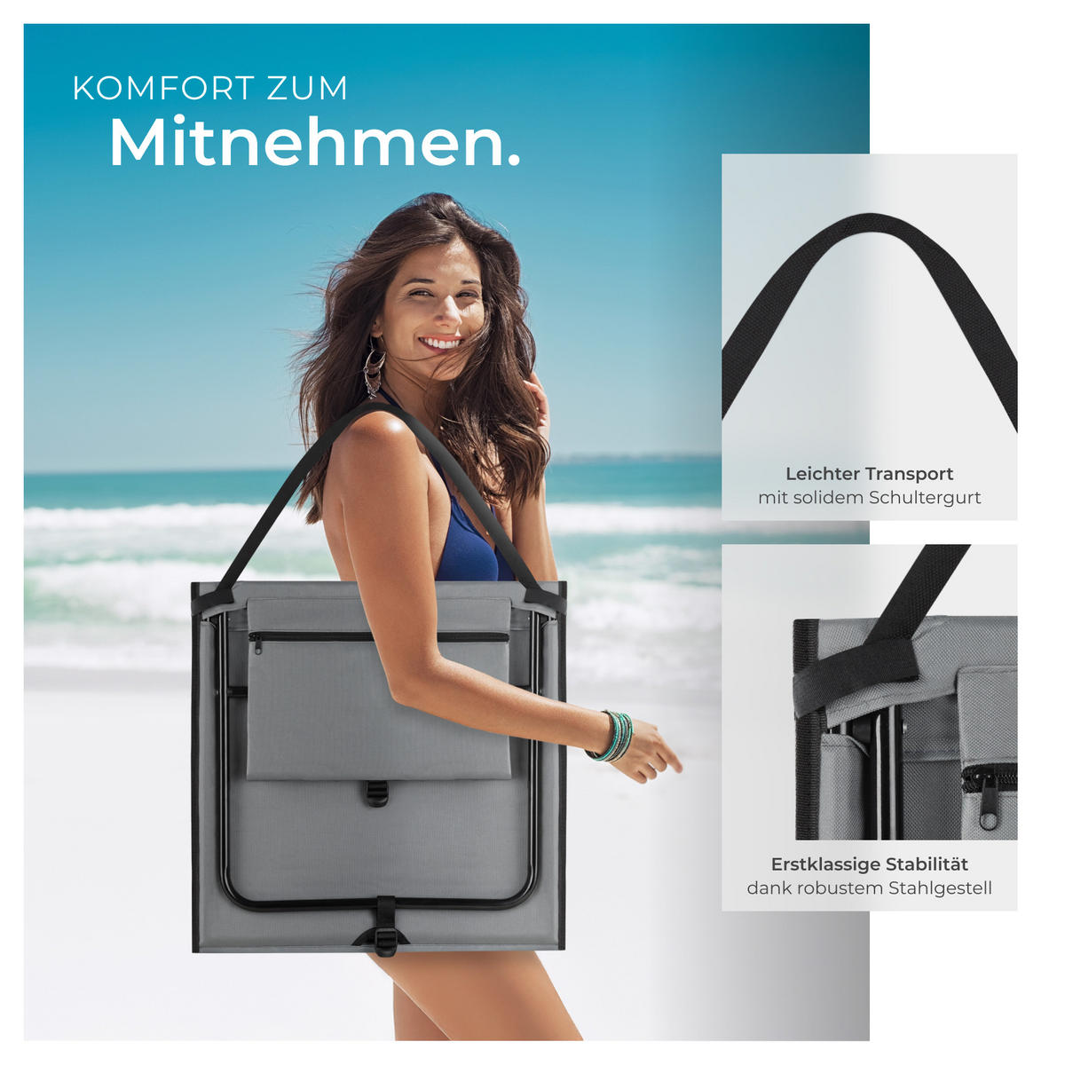 STRANDMATTE 2er Set Mina,inkl. Aufbewahrungstasche,grau/blau - Blau/Grau, Kunststoff (52.5/1.7/157cm) - tectake
