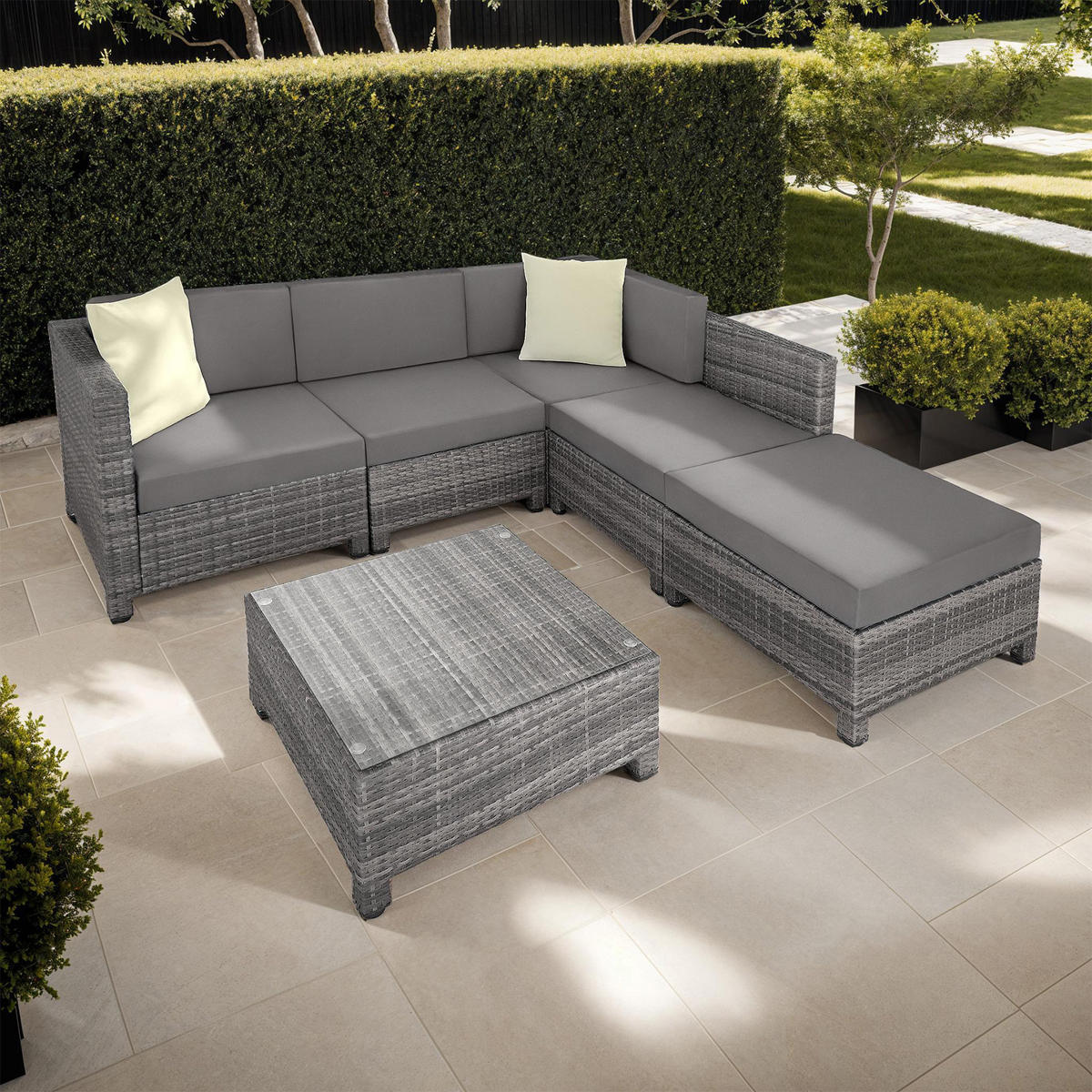 RATTANLOUNGE , mit Sicherheitsglasplatte, grau - Grau, Kunststoff - tectake