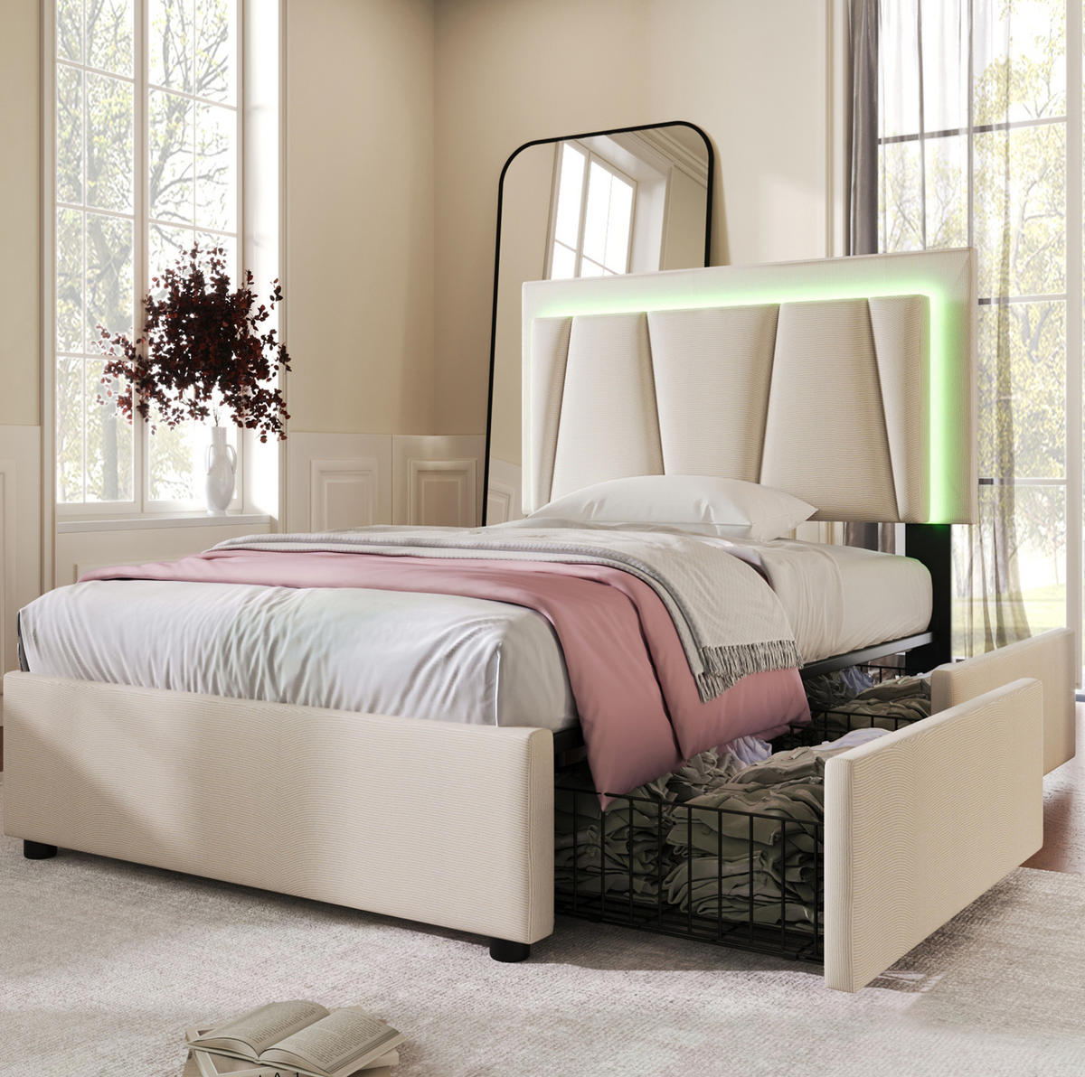 POLSTERBETT 90/200 cm Beige aus Holz mit LED-Beleuchtung - Beige, Holzwerkstoff (90/200cm) - OKMYHOME