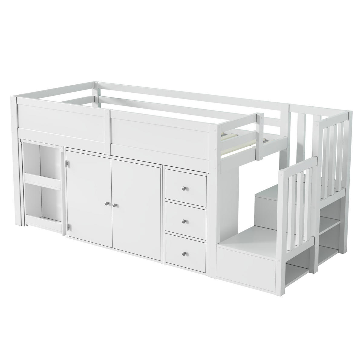HOCHBETT 90/200 cm DE-02775, mit ausziehbarem Schreibtisch, Schrank und Treppenschrank, in Weiß - Weiß, Holzwerkstoff (90/200cm) - ComfortXL