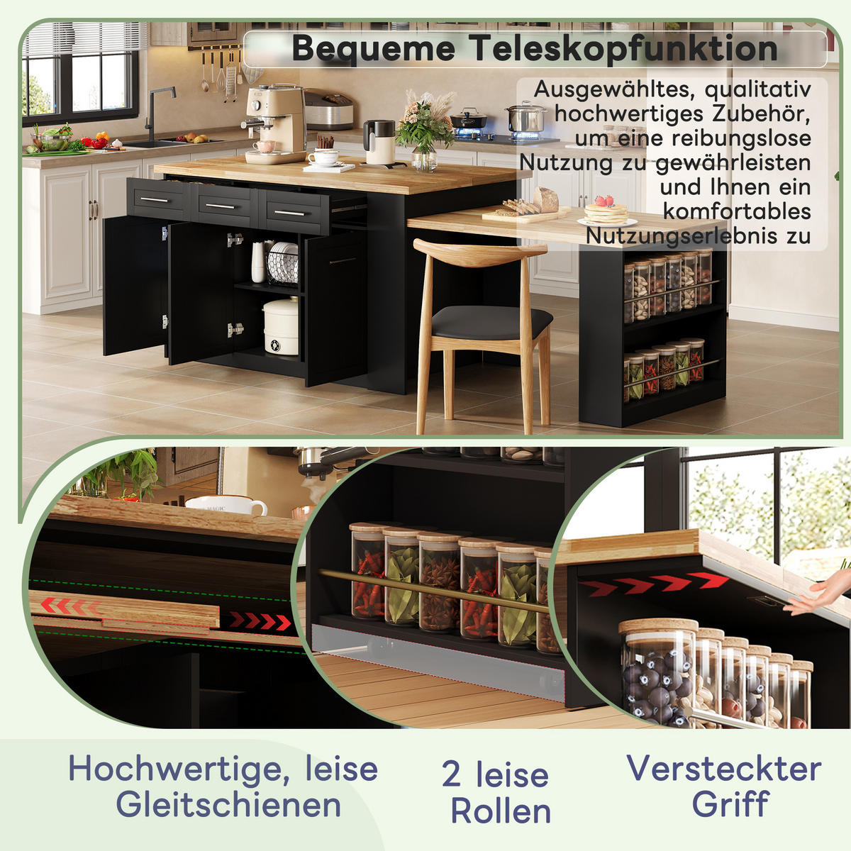 KÜCHENINSEL 150/90/90 cm Schwarz mit 3 Schubladen und integrierte Stauschränke - Schwarz, Holz (90/90/150cm) - Oxeza