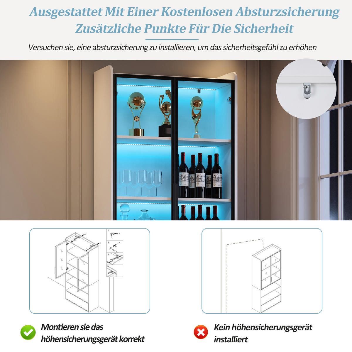 VITRINE Weiß mit Glastüren, einer Schublade und App-gesteuerter LED-Beleuchtung 80 × 34 × 180 cm aus MDF und Glas - Weiß, Holzwerkstoff (80/180/34cm) - Luhomfu