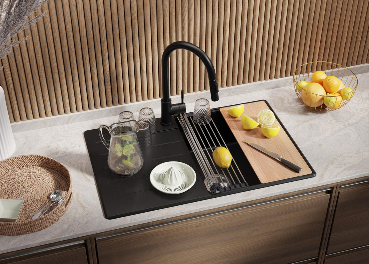 SPÜLBECKEN Kopenhagen, 2-er set Schwarz 78/50 cm 1 Becken + Ablauf-Set + Schneidebrett ab 50er Unterschrank - Chromfarben/Beige, Kunststoff (78/20/50cm) - Primagran