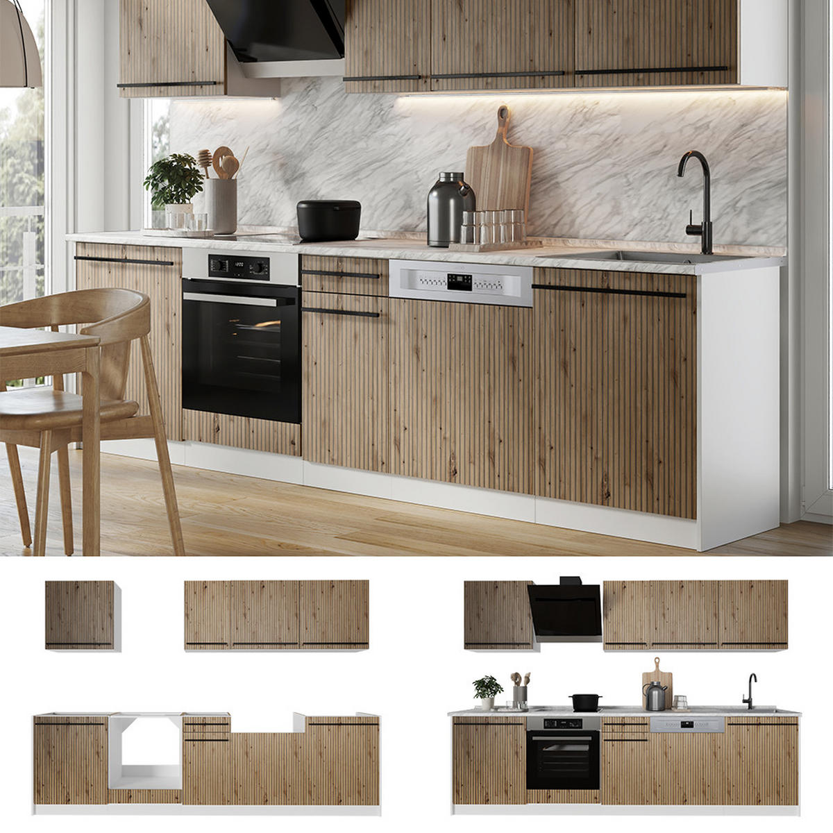 KÜCHENZEILE R-Line, Artisan-Eiche/Weiß, 280 cm Arbeitsplatte Goldkraft Eiche - Eiche Artisan/Weiß, Holzwerkstoff (280/206.8/60cm) - Vicco