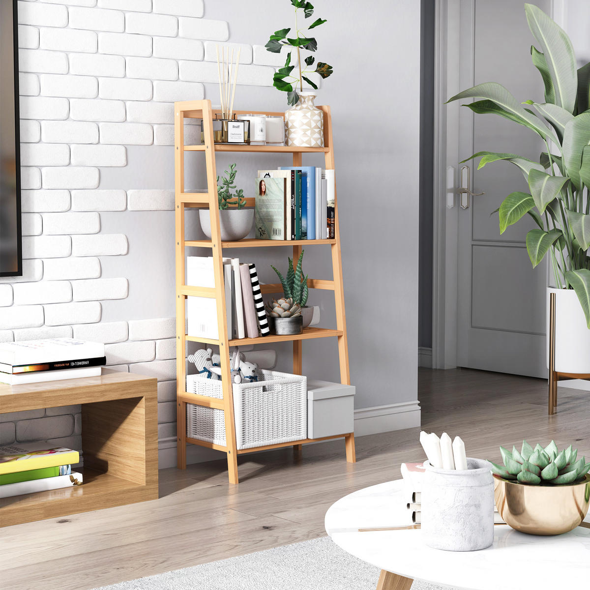 BÜCHERREGAL Standregal mit 4 Ebenen Aufbewahrungsregal aus Bambus, Natur - Naturfarben, Holz (31.5/120/48cm) - HOMCOM