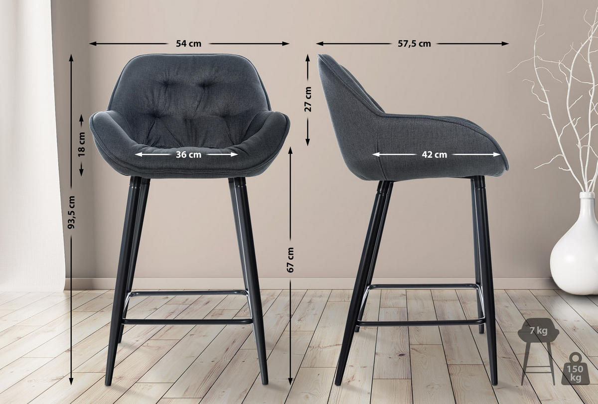BARHOCKER 2er Set Gibal Stoff dunkelgrau - Dunkelgrau/Schwarz, Textil/Metall (54/93.5/57.5cm) - TPFLiving
