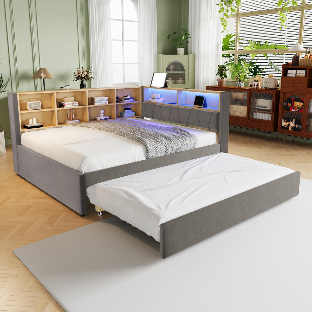 POLSTERBETT 90/140x200 Dunkelgrau Flanell LED - Dunkelgrau, Textil (140/200cm) - FLIEKS