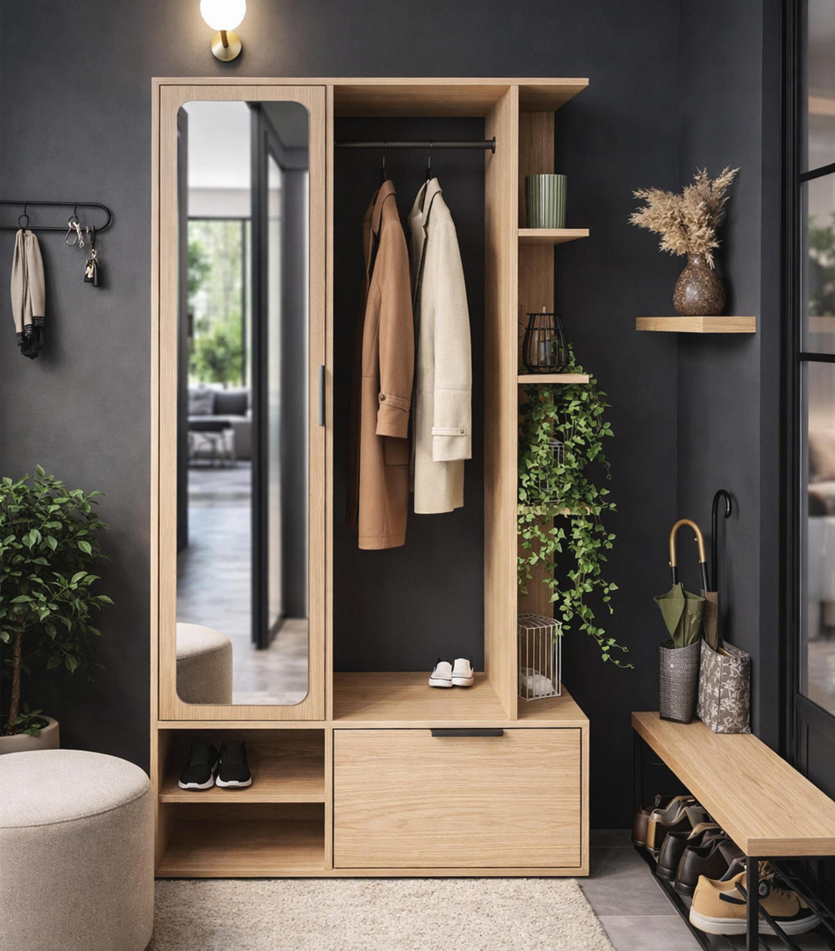 GARDEROBENSCHRANK Nemrut Braun 100/189/33 cm – Modern, mit Spiegel und viel Stauraum - Braun, Holzwerkstoff/Kunststoff (100/189.4/33cm) - AX Living