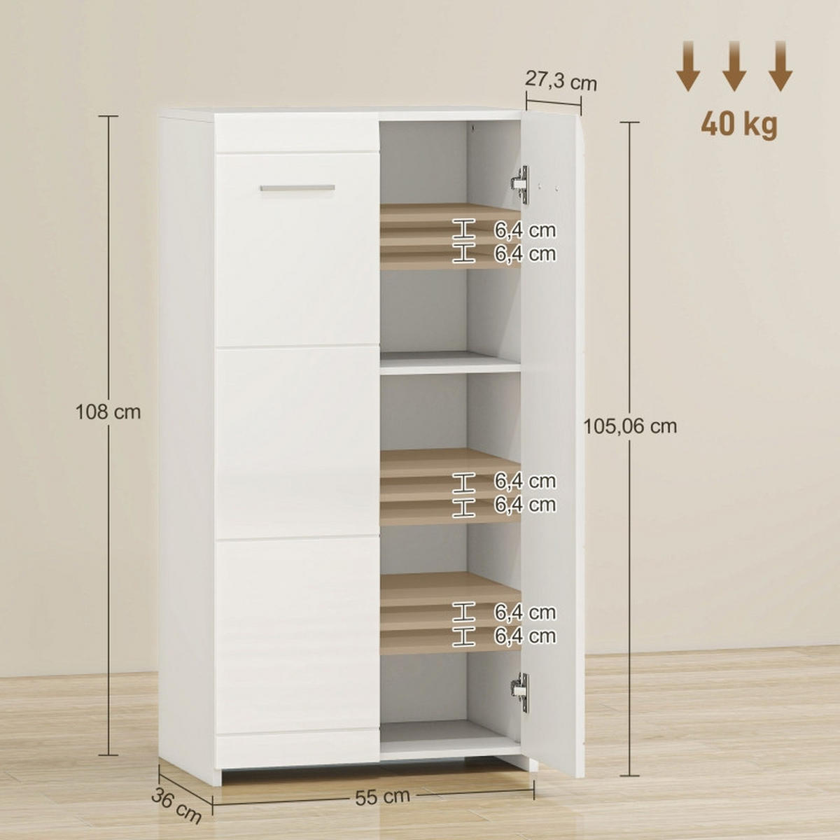 SCHUHSCHRANK 55/36/108 cm Weiß aus Holz mit verstellbaren Regalen - Weiß, Holz (55/108/36cm) - OKWISH
