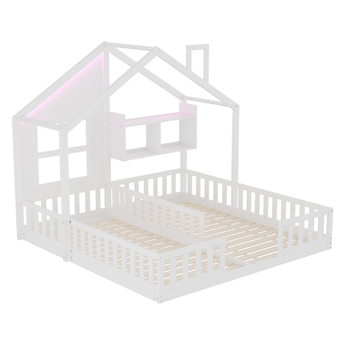 HAUSBETT 90/200 cm weiß aus Massivholz mit LED und Stauraum - Weiß, Holz (90/200cm) - OKWISH