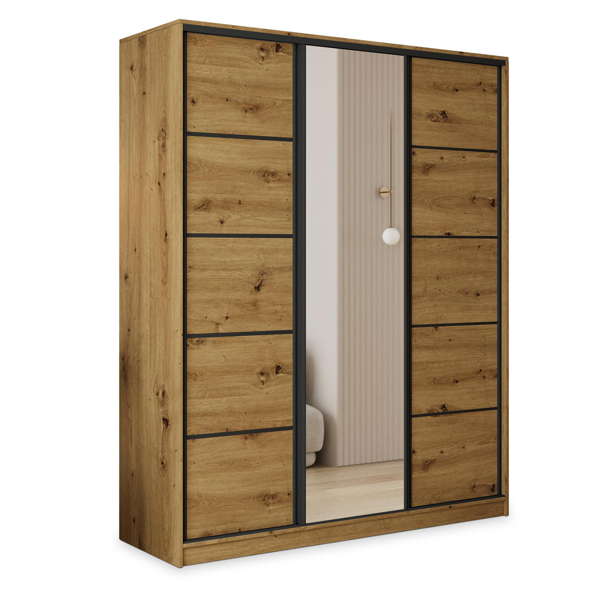 SCHWEBETÜRENSCHRANK PINA 150/205/58 cm 3-türig mit Spiegel und Schubladen Eiche Artisan - Schwarz/Eiche Artisan, Holzwerkstoff (150/205/58cm) - MASSENO