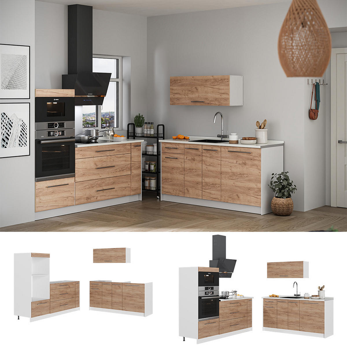 KUCHYNĚ Fame-Line, Zlatý mocný dub, 340 cm, PD Antracit - bílá/medově dubová, kompozitní dřevo (340/153.6/60cm) - Vicco