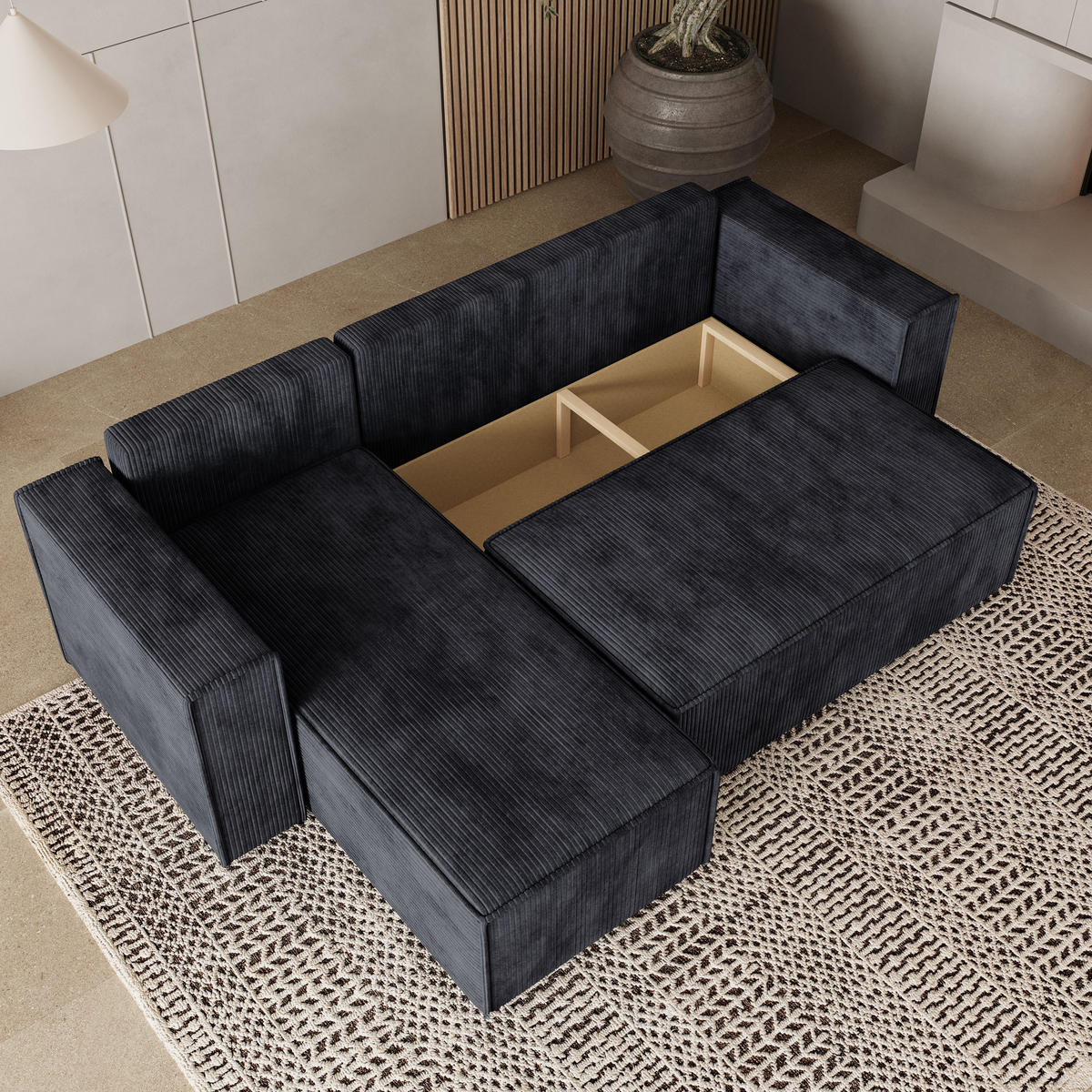 ROHOVÁ SEDAČKA RAVELO černá - šedá/černá, dřevo/textil (240/140cm) - MASSENO