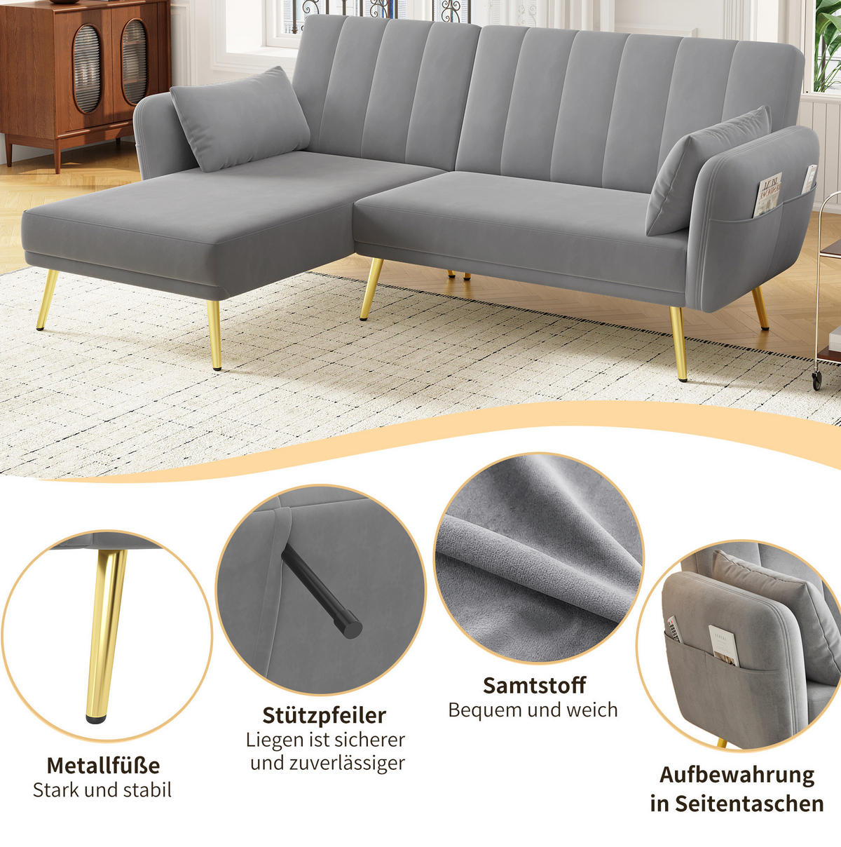 ECKSOFA aus Samt 191,5x130,5x80 cm in Grau mit Schlaffunktion - Grau, Textil (130.5/80/191.5cm) - Modfu