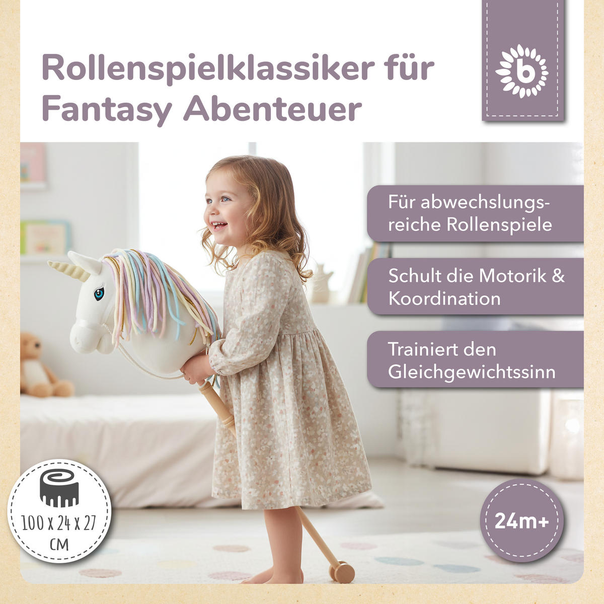 STECKENPFERD Einhorn Rainbow aus Holz - Weiß, Textil (33/92cm) - Bieco Spielwaren