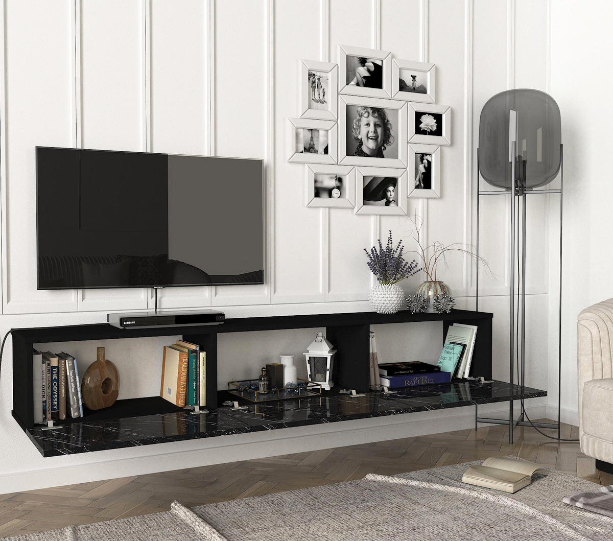 TV-LOWBOARD Hängend Damla Schwarz Marmor Optik - Schwarz, Holzwerkstoff (180/29/29cm) - moebel17