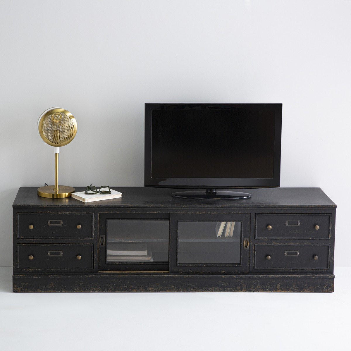 TV-MÖBEL aus massivholz und glas - amsterdam 180/45/50 cm - Schwarz, Holz (45/50/180cm) - Signature