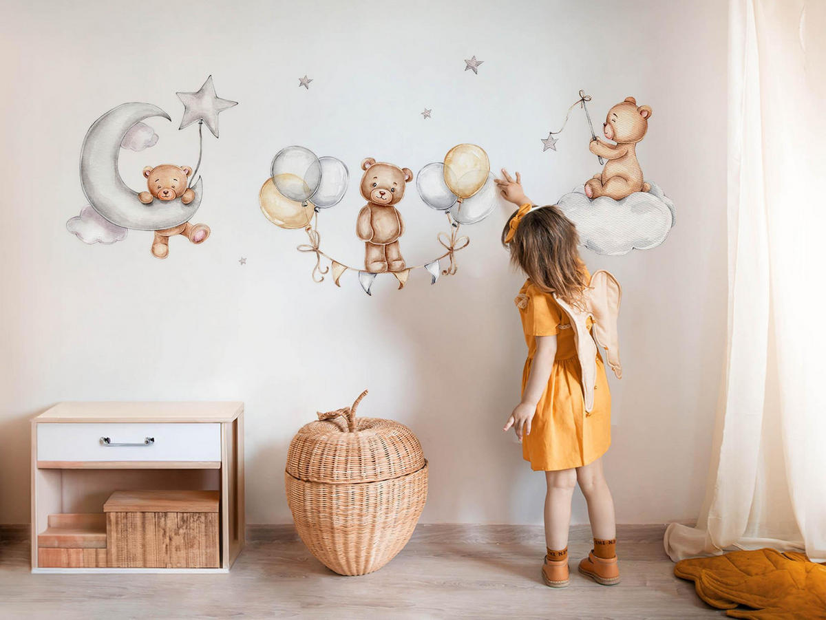 WANDAUFKLEBER 130x190cm - Teddybären und Ballons am Himmel - Multicolor, Kunststoff (130/190/0.1cm) - Wallfluent