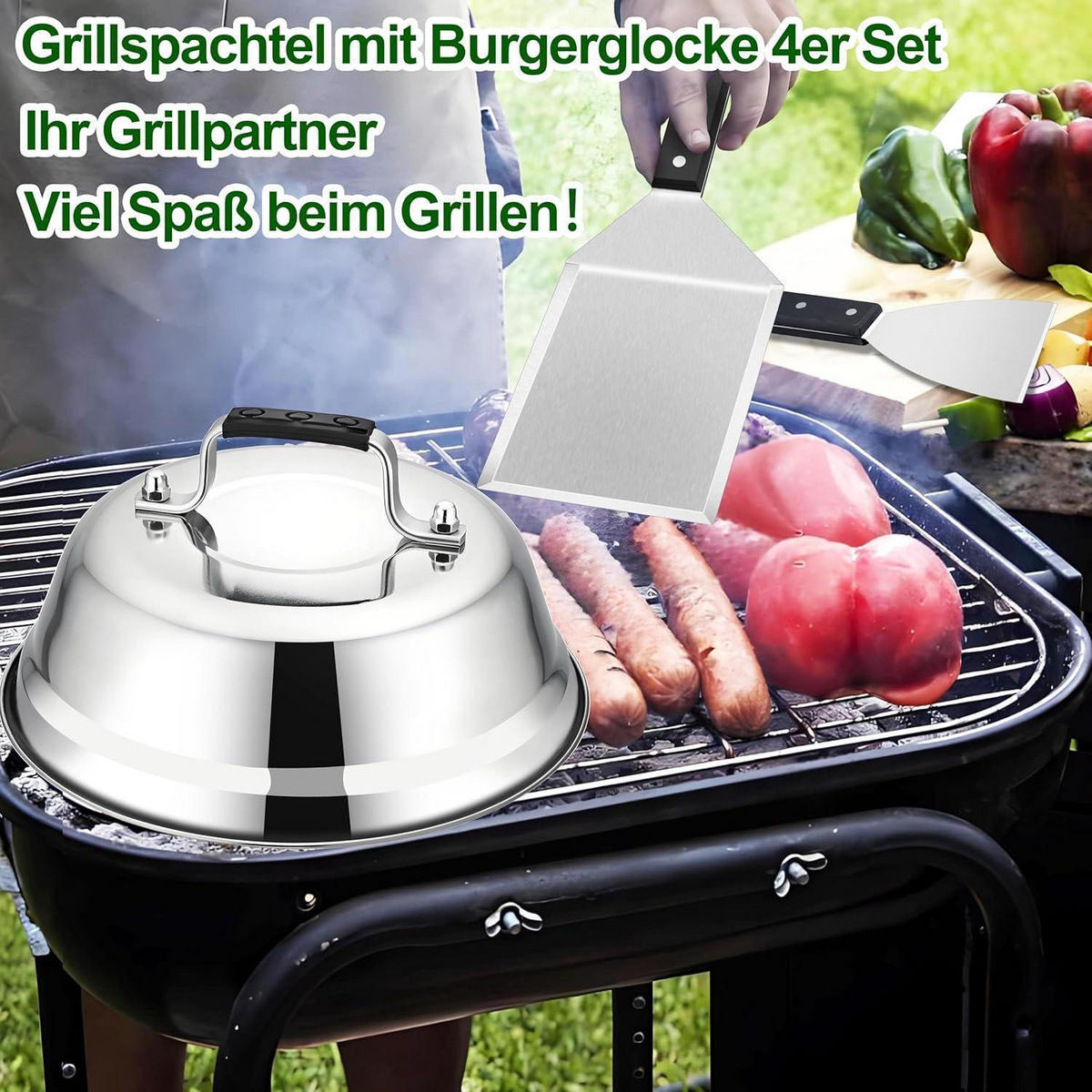 GRILLSPACHTEL mit Burgerglocke 4er Set - Silberfarben, Metall (16.8/13/30.5cm)