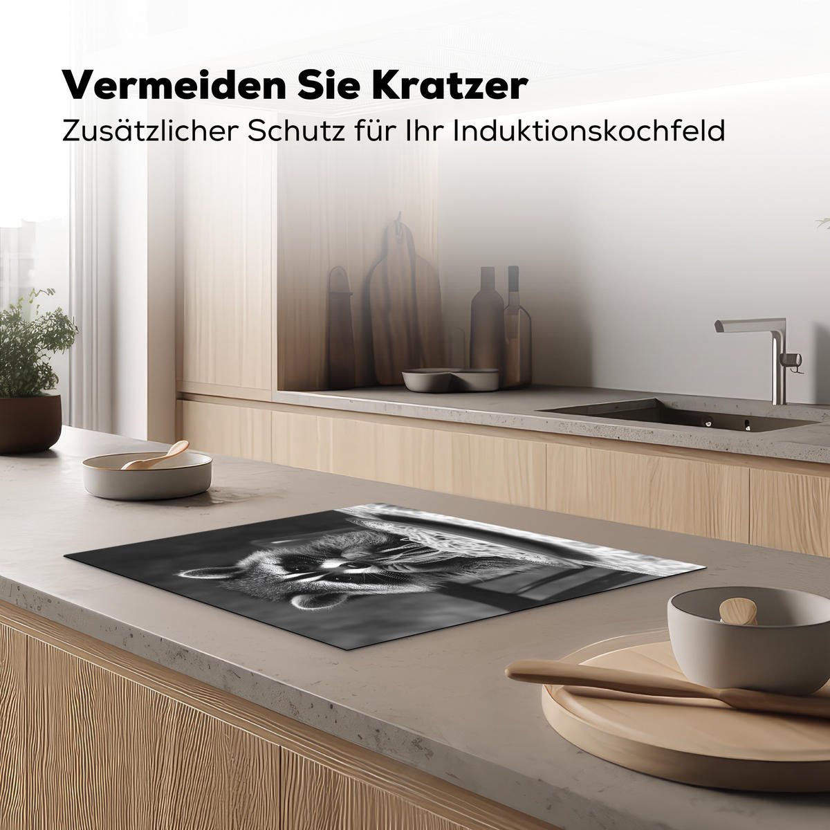 HERDABDECKPLATTE Waschbär - Niedlich - Pasta - Tischtuch - Schwarz - Weiß Herdabdeckung Induktionsfeld 65x52 cm - Grau, Kunststoff (65/52/0.2cm) - MuchoWow