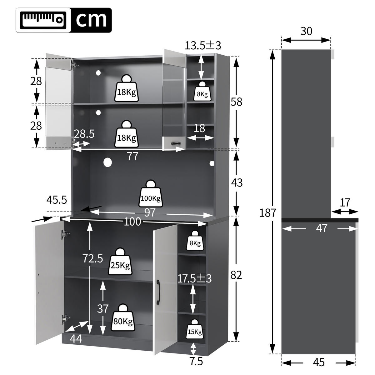 KÜCHENBUFFET mit 2 Türen, LED-Beleuchtung und Glaselementen, 100 x 47 x 187 cm, Weiß/Grau, MDF - Weiß, Holzwerkstoff (100/187/47cm) - SONNENH