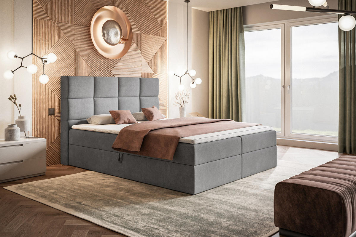 BOXSPRINGBETT mit Topper 140x200 Solo, Bettkasten, Matratze, Hellgrau - Hellgrau, Holz/Textil (140/200cm) - Emporius