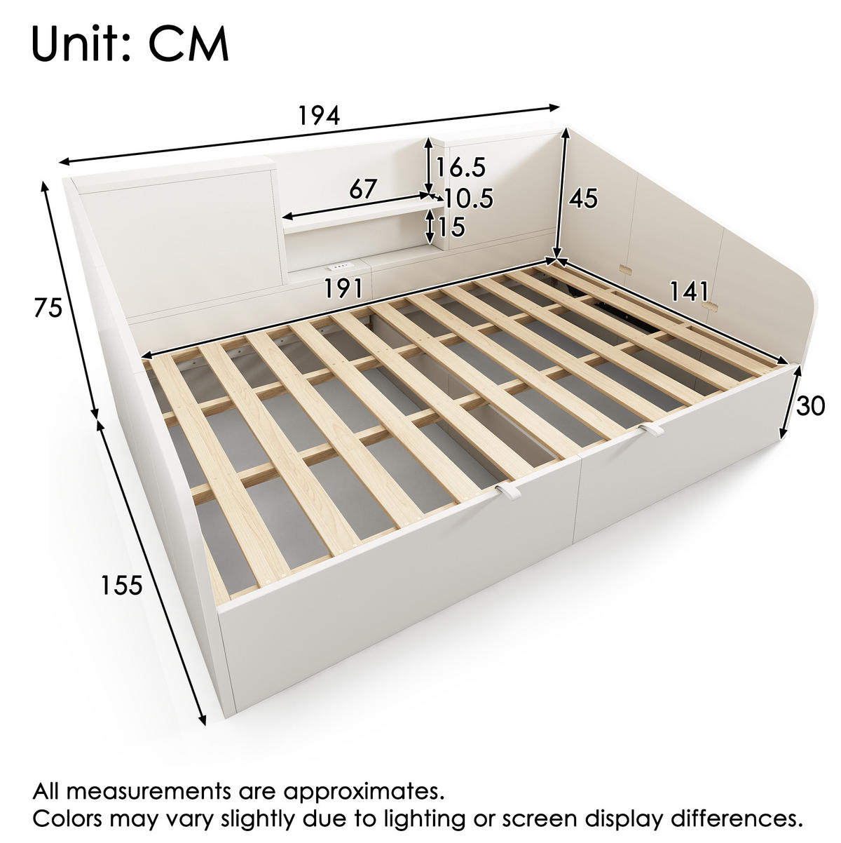 POLSTERBETT 140x190 cm in Weiß mit USB/Typ-C-Ladestation & Stauraum - Weiß, Holzwerkstoff (140/190cm) - Modfu