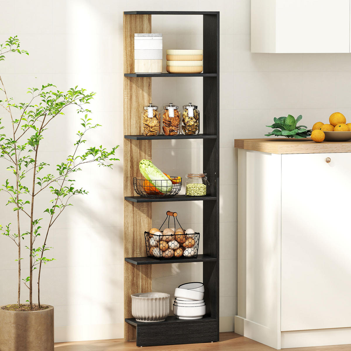 REGAL DE-15565 45/21/170 cm, 5 offene Fächer Schwarz/Eiche - Schwarz, Holzwerkstoff (21/170/45cm) - ComfortXL