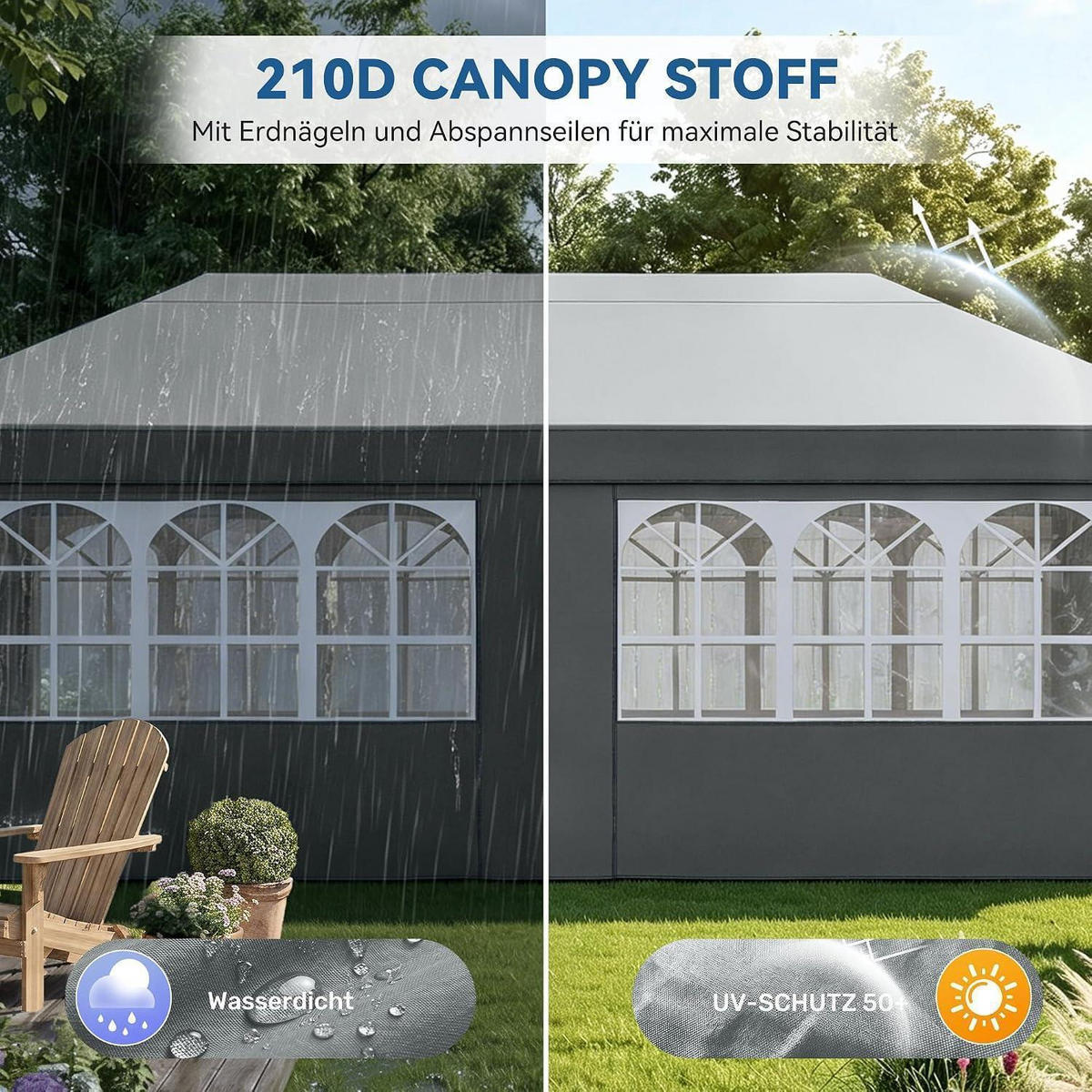 GARTENPAVILLON 3 x 6 m Grau Wasserdicht UV-Schutz 50+ mit 4 Seitenteilen - Grau, Textil (300/265/600cm)
