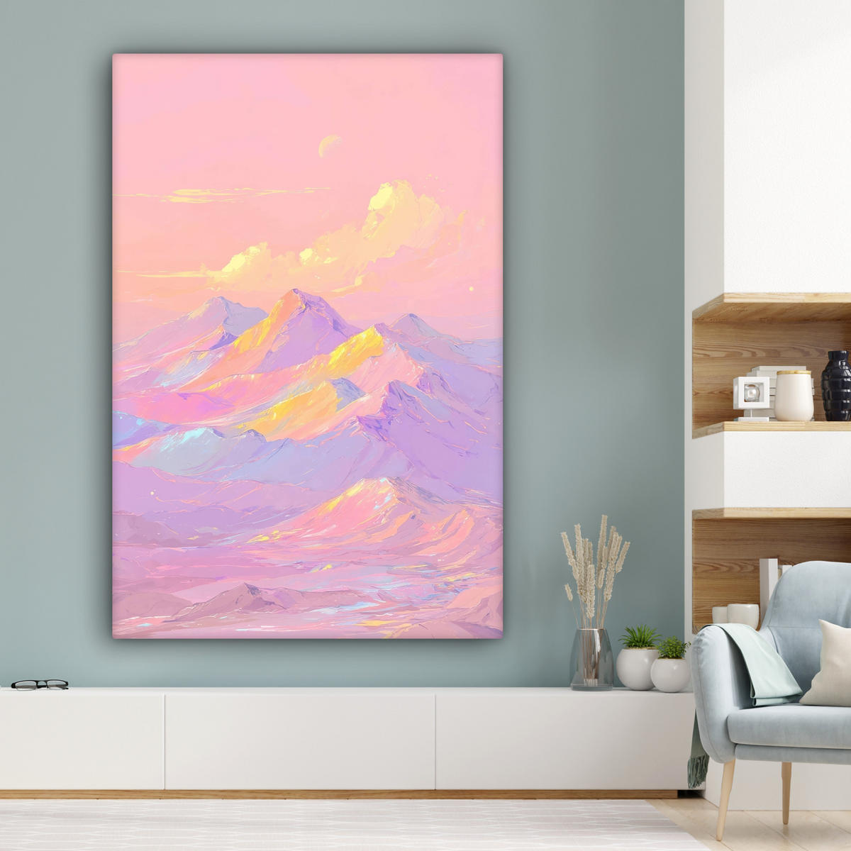 OBRAZ NA PLÁTNĚ Vrcholky hor - Mraky - Zasněné 90x140 cm - světle růžová, textil (90/140cm) - MuchoWow