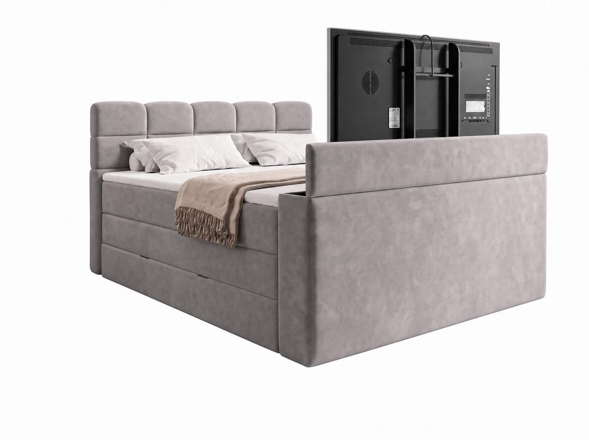 BOXSPRINGBETT Carenzo 3 Hellgrau 160/200 cm H3/H4 Samt inkl. Topper und TV-Lift - Hellgrau, Textil (160/200cm) - wonello