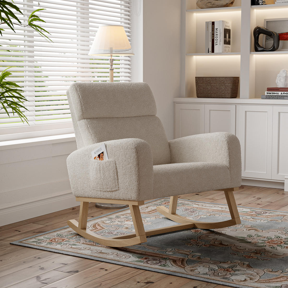 SCHAUKELSTUHL Beige Sherpa Mit Massivholzbeinen Skandinavisch - Beige, Holz (69.2/87/78.5cm)