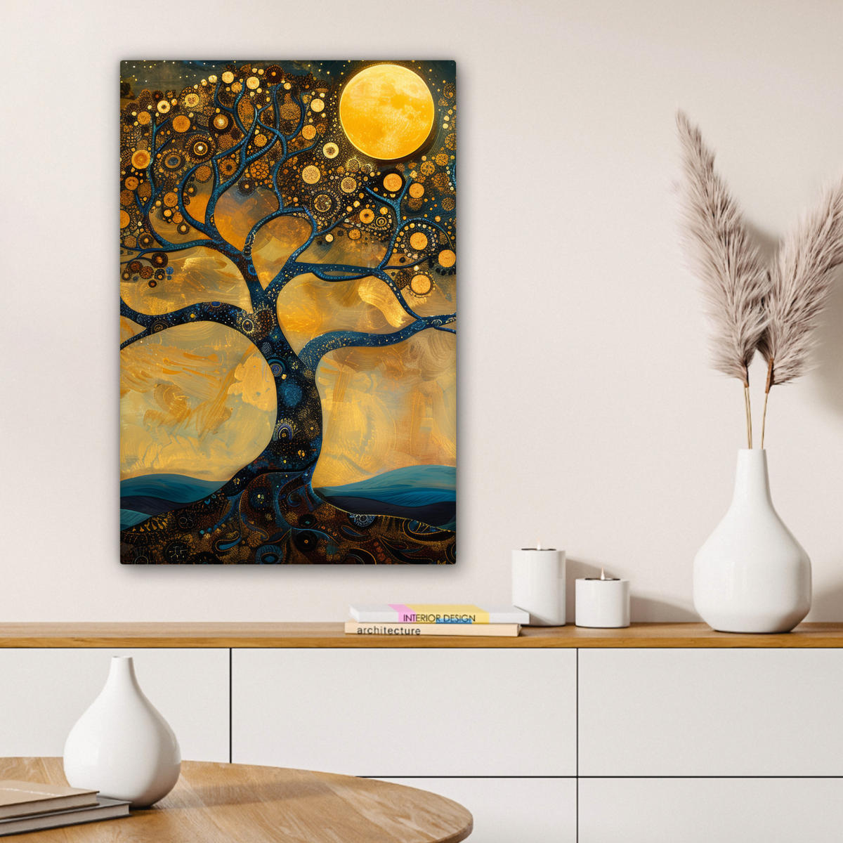 LEINWANDBILD Baum - Mond - Blumen - Gold - Kunst 60x90 cm - Orange, Textil (60/90cm) - MuchoWow