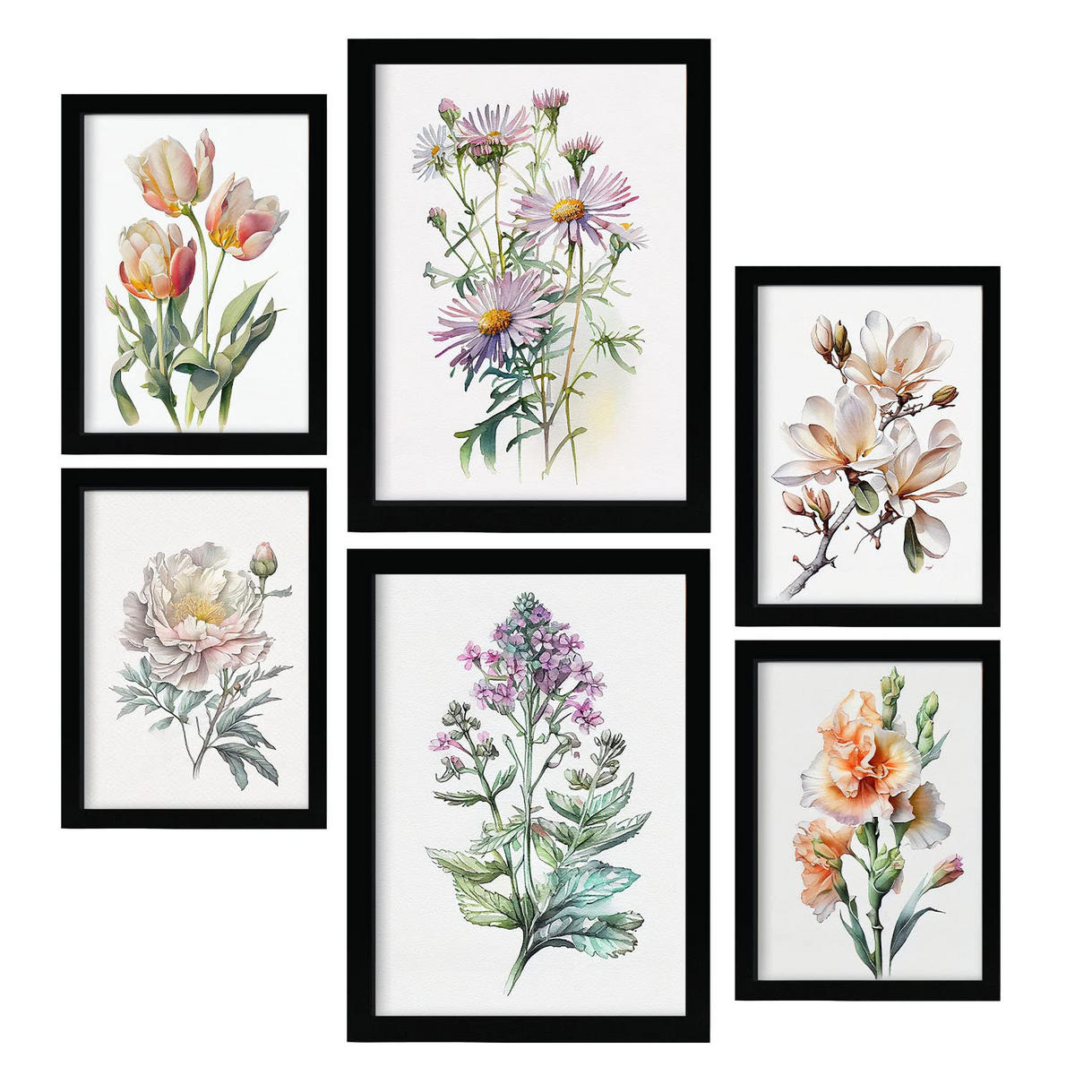 POSTER Set Mit 6 Blumenstrauß Größe A3 & A4 Schwarzer Rahmen - Schwarz, Papier (29.7/1cm) - Nacnic