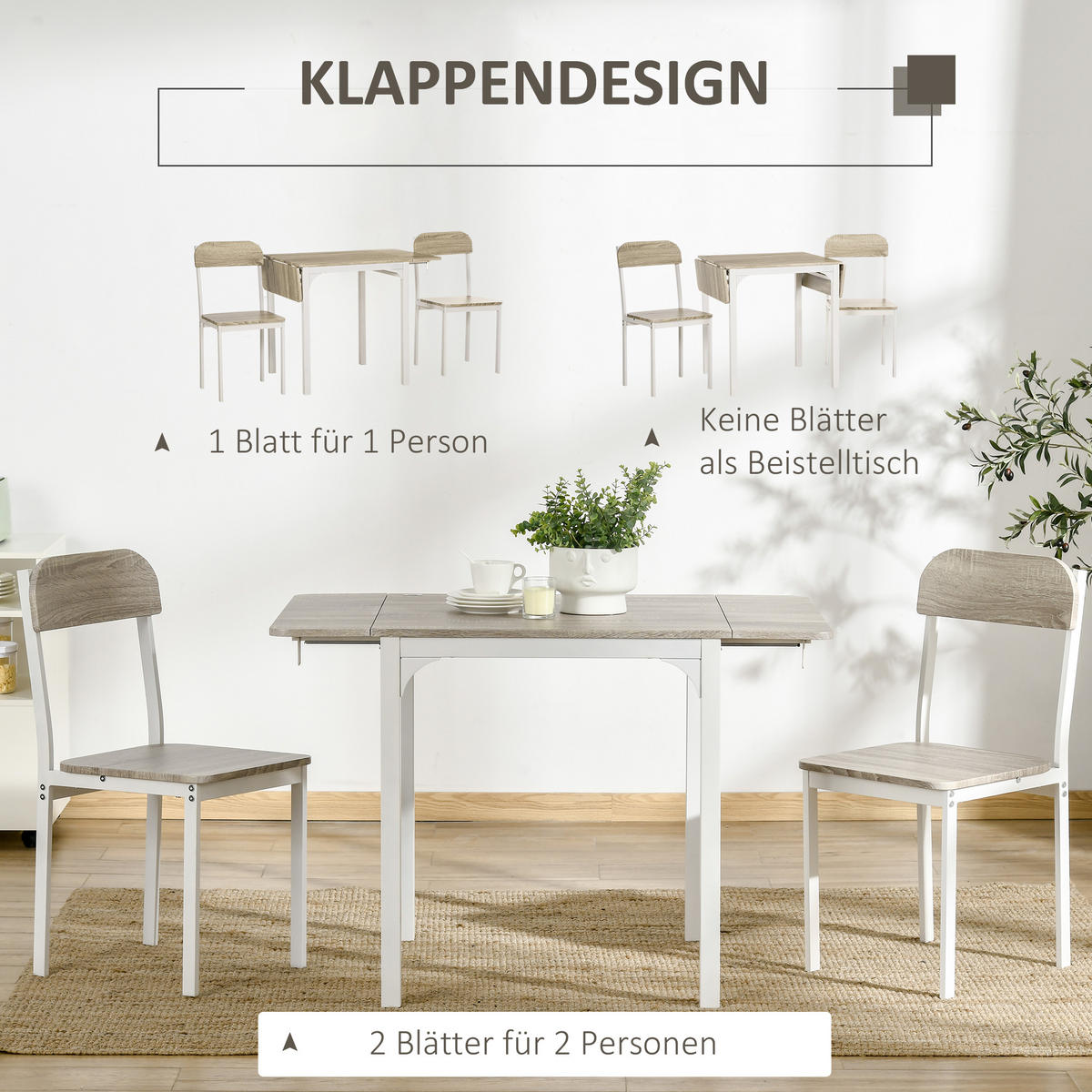 ESSGRUPPE, MDF, Stahl, Natur+Weiß - Naturfarben, Kunststoff (70/75/110cm) - HOMCOM