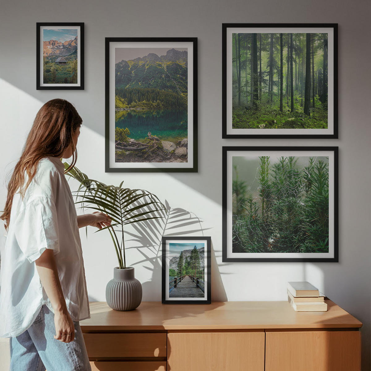 BILDER SET 5er Set - 50x50 cm & 20x30 cm & 40x60 cm Schwarzer Rahmen - Minimalistische Pflanzenzeichnungen - Schwarz, Kunststoff (40/60cm) - TULUP