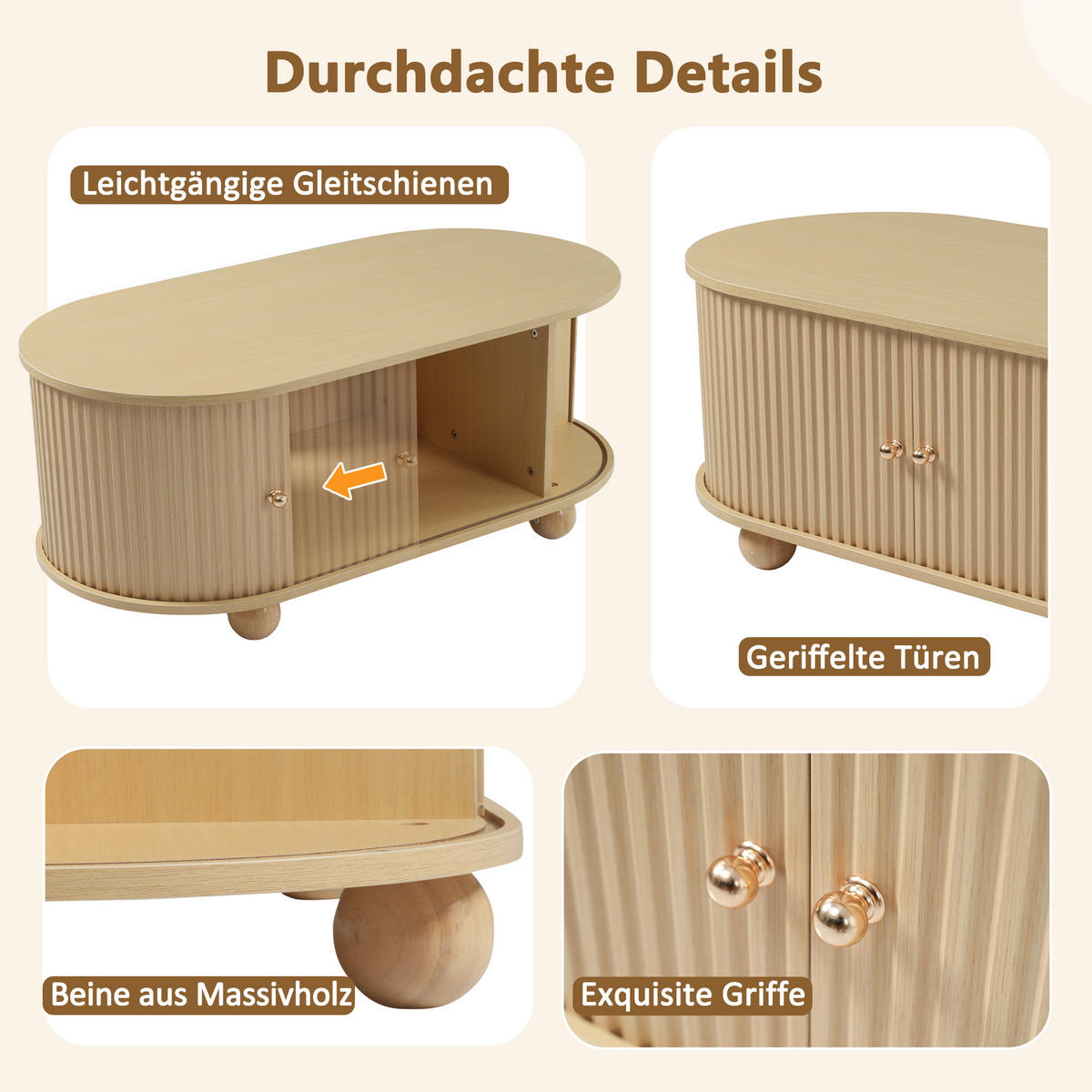 COUCHTISCH Oval Stauraum Schiebetüren Holzfarben Multifunktion - Naturfarben, Holzwerkstoff (100/50/40cm) - FLIEKS