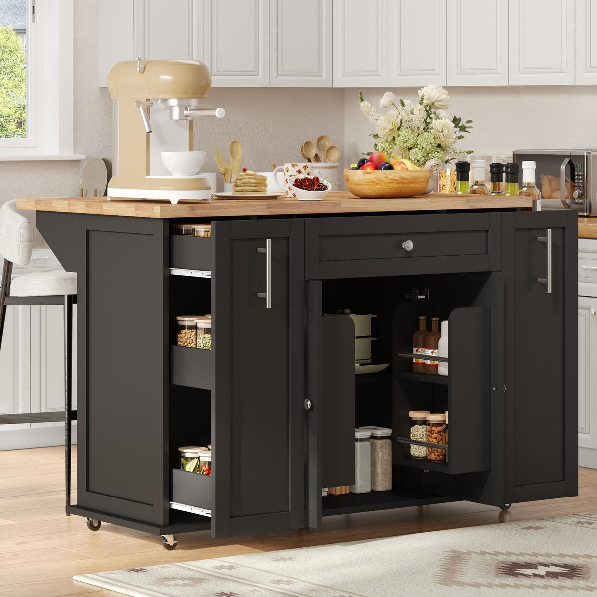 KÜCHENINSEL DE-41413 120/45-70/87 cm, klappbar, 3 Schubladen Schwarz - Schwarz, Holzwerkstoff (120/87/70cm) - ComfortXL