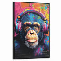 LEINWAND Bilder mit Rahmen - Graffiti - Schimpanse - Straßenkunst - Kopfhörer - Affe - 60x90 - Blau, Textil (60/90cm) - MuchoWow