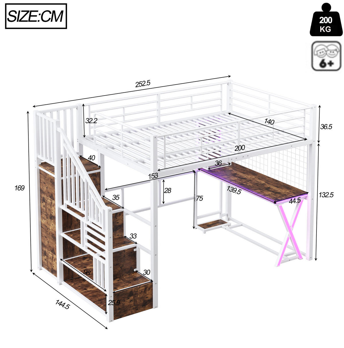 HOCHBETT 140/200 cm mit LED-Beleuchtung, Ablageleiter, Schreibtisch und Kleiderschrank, Metall und MDF, Weiß - Weiß, Metall (140/200cm) - Redom