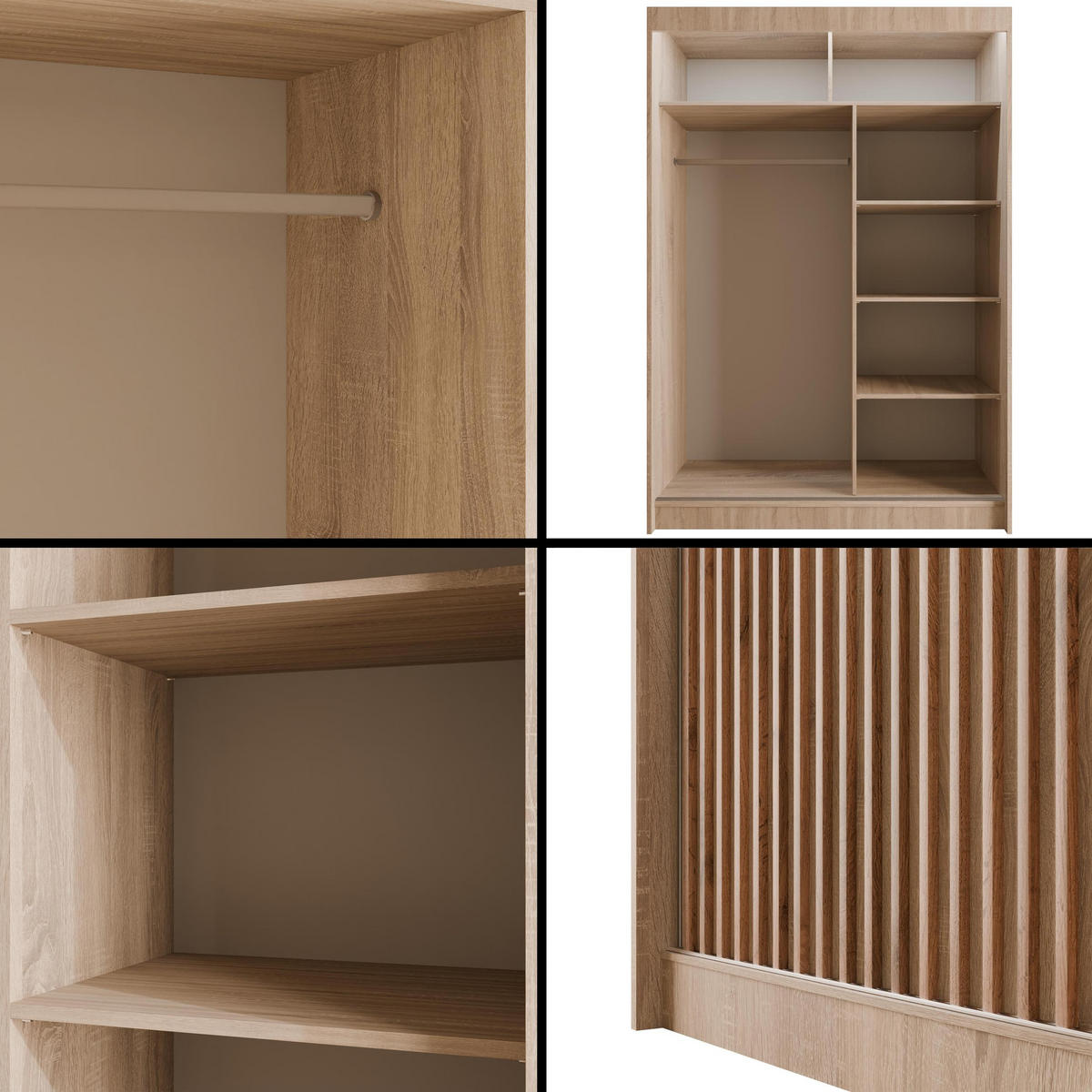 KLEIDERSCHRANK mit LED, Lamel-Schiebetüren VILANv2 - 120 cm Sonoma Eiche + Sonoma Eiche + Lamelle Eiche Wotan - Eiche Wotan/Sonoma Eiche, Holzwerkstoff (120/215/61cm) - ALTDECOR