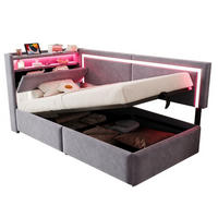 SAMT-POLSTERBETT 90/200 cm mit LED-Beleuchtung, USB und Bettkasten in Hellgrau - Hellgrau, Textil (90/200cm) - BEAOK