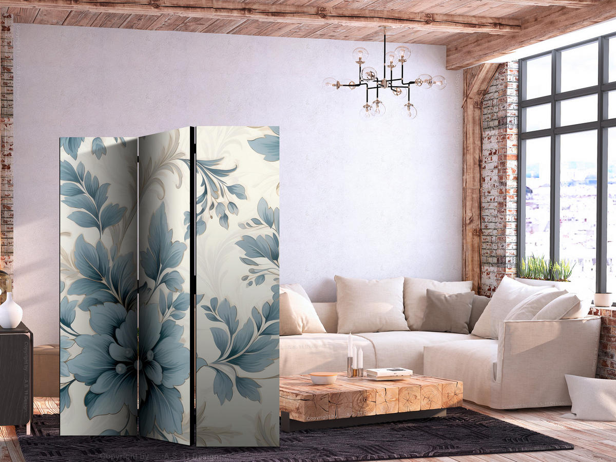PARAVENT Einseitig Bedruckter 3-tlg 135x172 cm Blaue Pflanzen - Blau, Holz/Textil (135/172/3cm) - Muralo