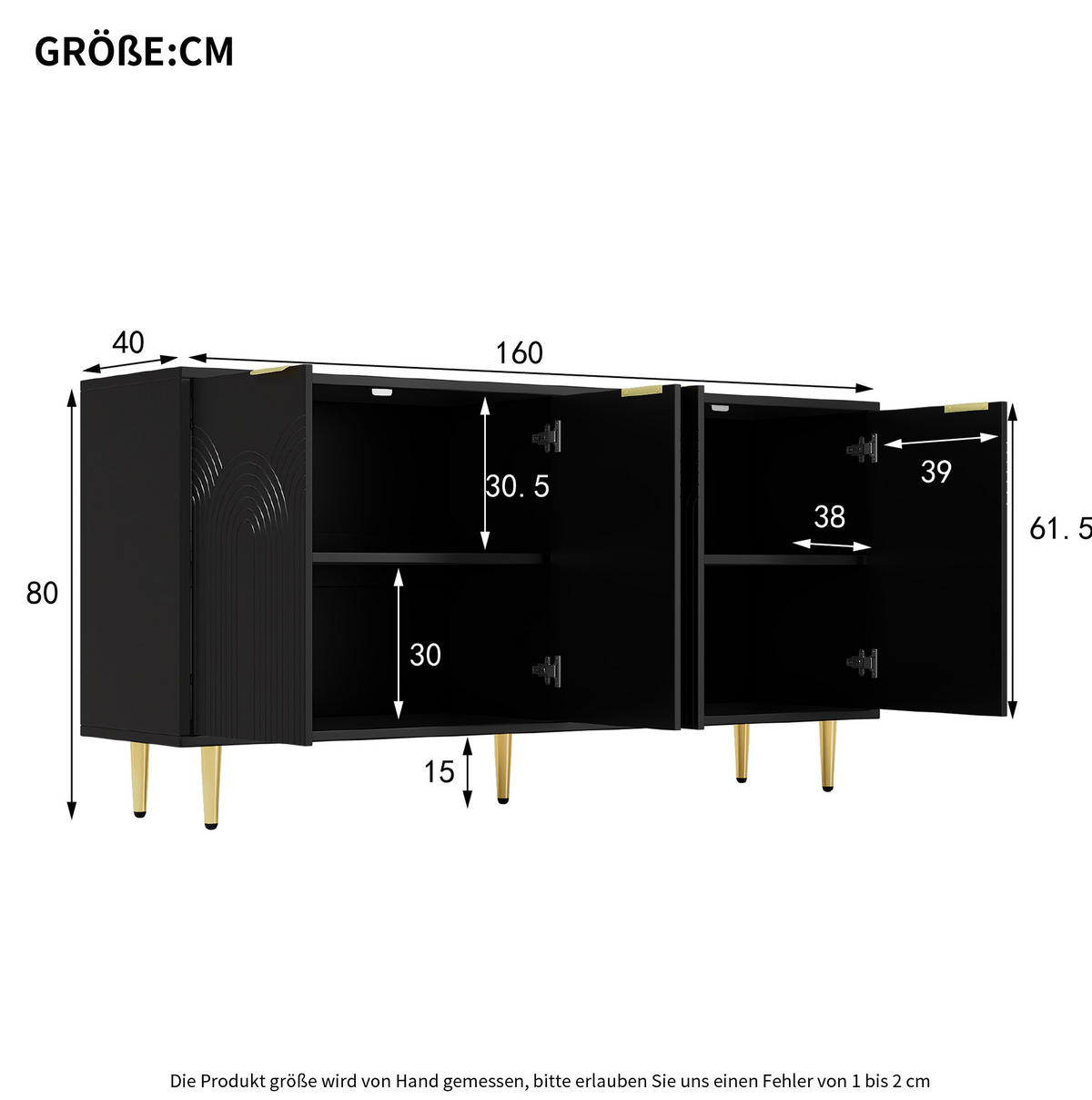 SIDEBOARD 160/40/80 cm in Schwarz mit 4 Türen und verstellbaren Einlegeböden - Schwarz, Holzwerkstoff (160/80/40cm) - Flora Grace