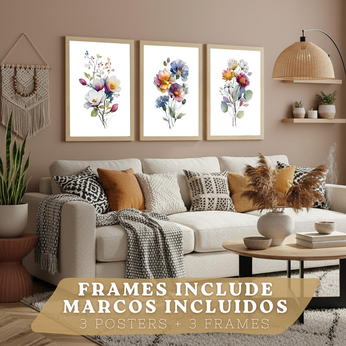 PLAKAT Sada 3 botanických uměleckých tisků. Květinové nástěnné umění. Moderní minimalistický květinový nástěnný PLAKAT. Velikost Světlý dřevěný rám A4 - béžová, papír (21/29.7/3cm) - Nacnic